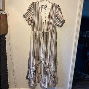 Saltwater Luxe Neutral Striped Button Down Hi-Lo Short Sleeve Maxi Dress M
